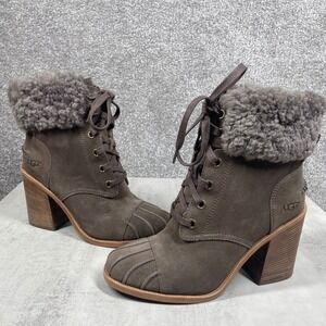 UGG Boots Womens 8.5 Suede Shearling Lamb Ankle Lace Up Block Heel Ski Jaxon